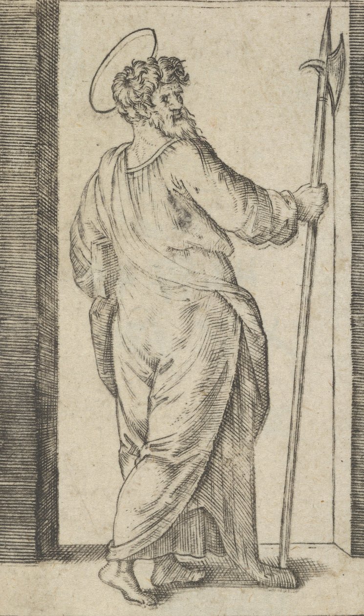 San Judas, sosteniendo una alabarda en su mano derecha, de la serie 
