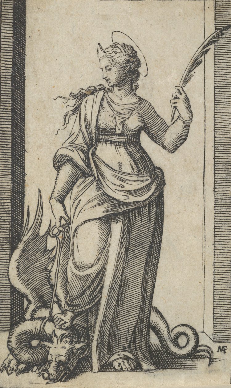 Santa Margarita de pie, un dragón a la izquierda, de la serie 