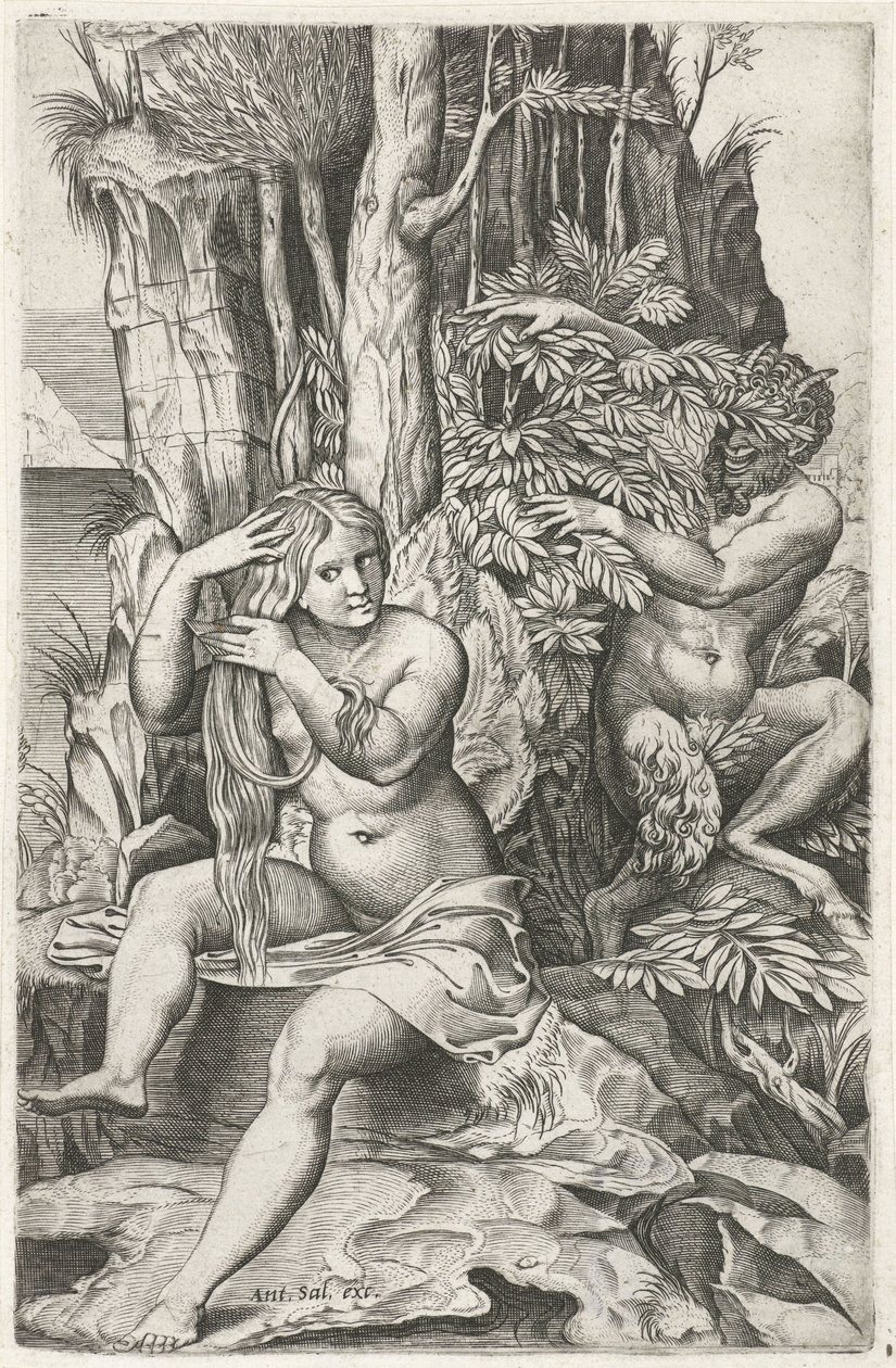 Satyr espiando a una ninfa en su baño Pan y Syringe de Marcantonio Raimondi