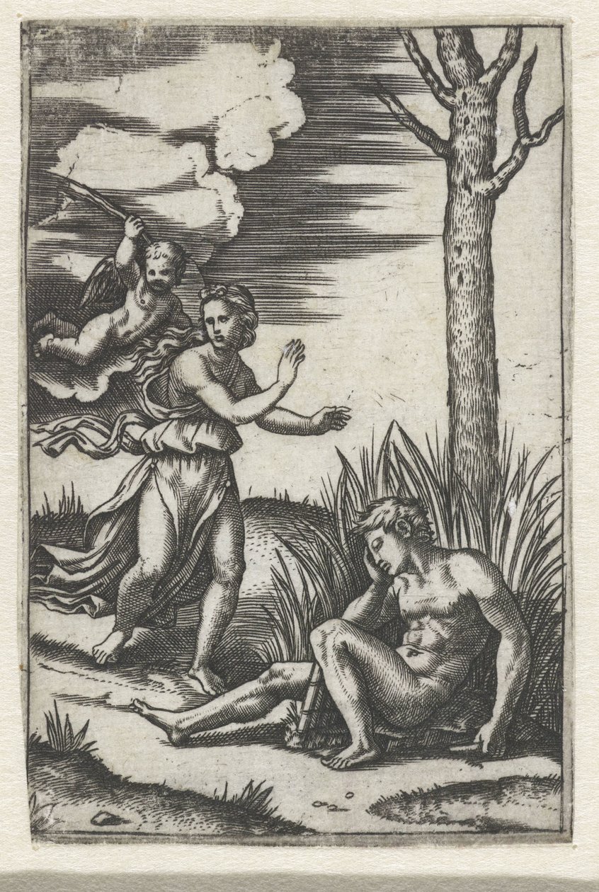 Hombre dormido y ninfa perseguidos por Amor de Marcantonio Raimondi