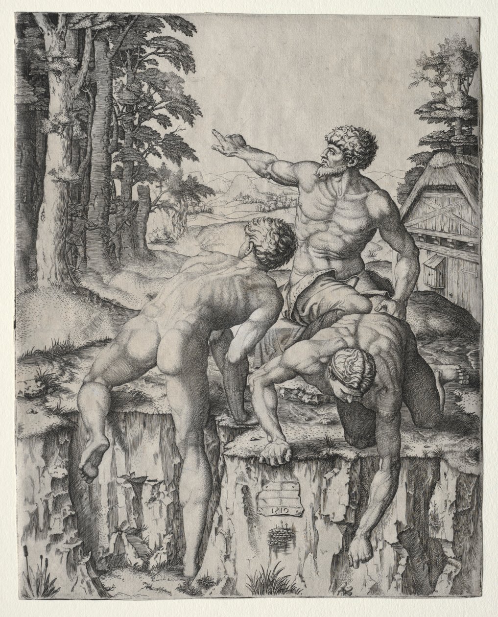 Los escaladores Tres figuras de la Batalla de Cascina de Miguel Ángel, 1510 de Marcantonio Raimondi