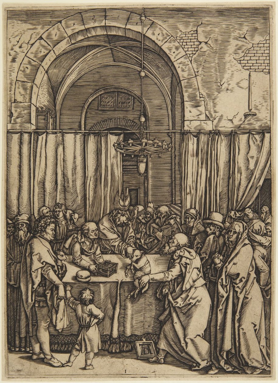 El sumo sacerdote rechazando a Joaquín, lámina 1 de la Vida de la Virgen de Marcantonio Raimondi