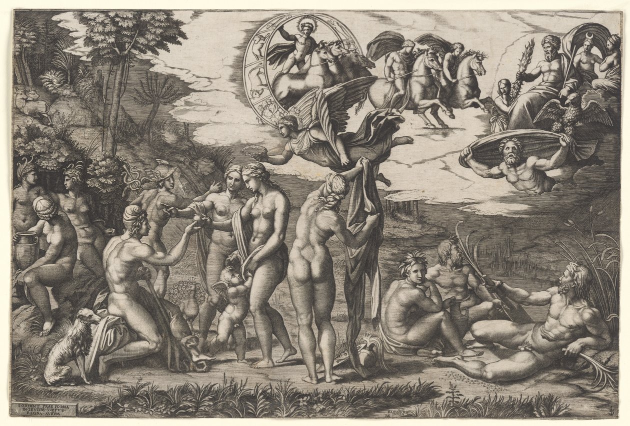 El Juicio de París: está sentado a la izquierda con Venus, Juno y Palas Atenea, una victoria alada encima, c.1510-20 (grabado) de Marcantonio Raimondi