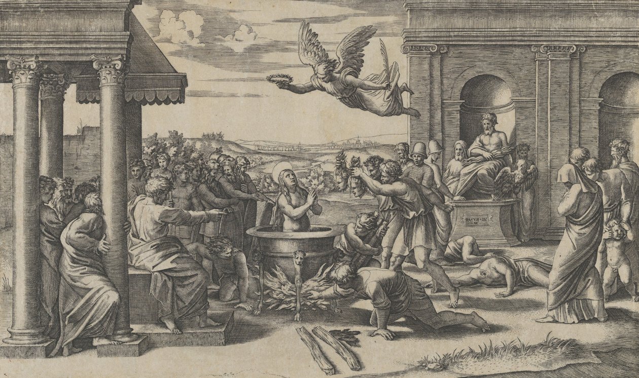 El martirio de Santa Cecilia de pie desnuda en un gran caldero de Marcantonio Raimondi