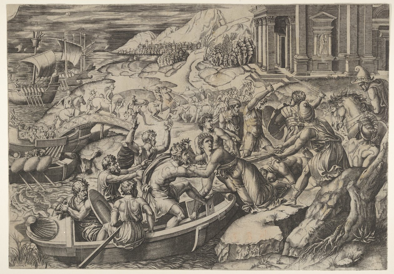 El rapto de Helena, escena de batalla en una orilla con dos hombres llevando a Helena a un b... de Marcantonio Raimondi