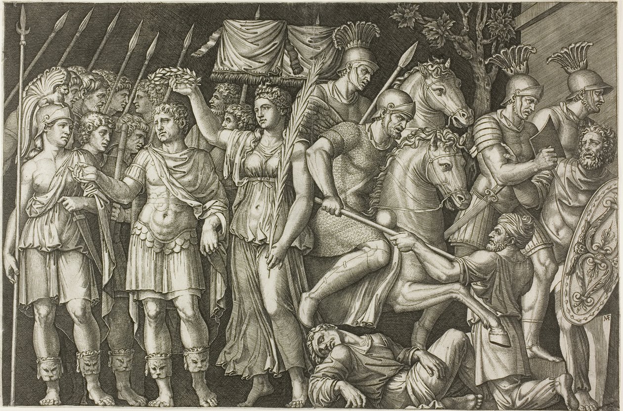 Trajano Coronado por la Victoria de Marcantonio Raimondi