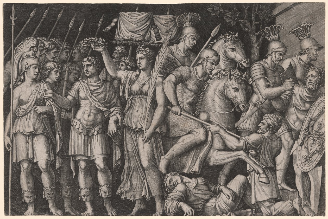 Trajano coronado por la victoria de Marcantonio Raimondi