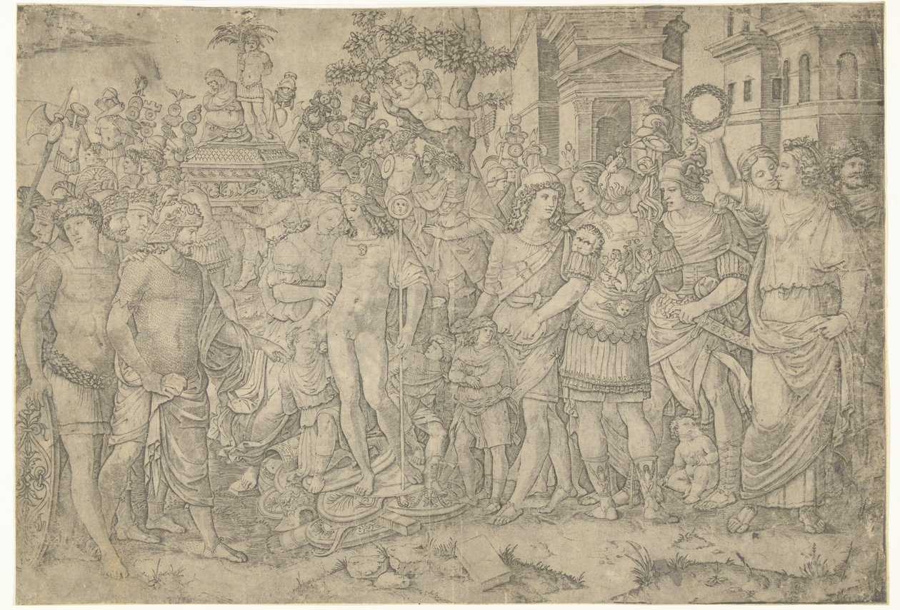 Procesión triunfal del emperador romano con soldados y armaduras saqueadas de Marcantonio Raimondi