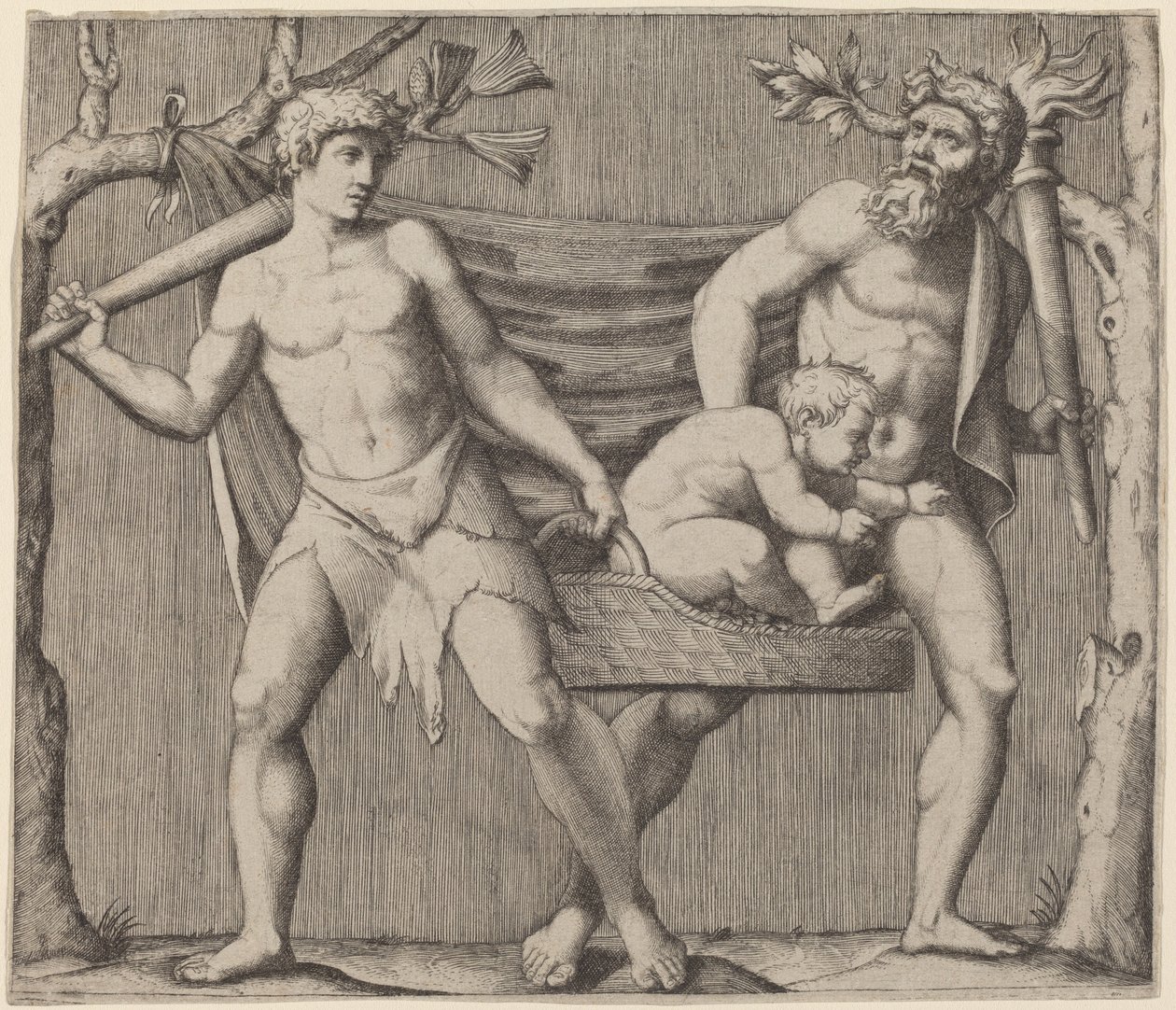 Dos faunos llevando a un niño de Marcantonio Raimondi