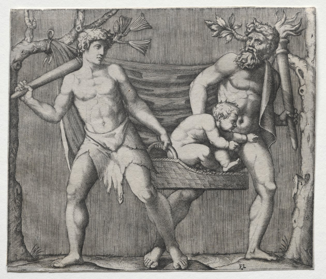 Two Fauns Carrying a Child in a Basket de Marcantonio Raimondi