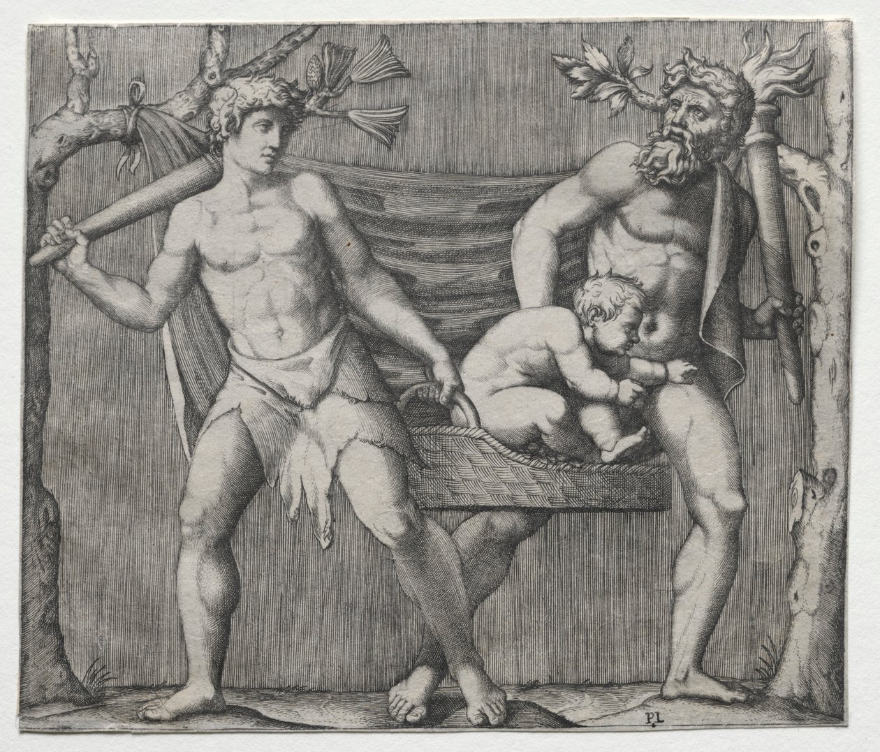 Dos faunos llevando a un niño en una cesta, c. 1513-1515 de Marcantonio Raimondi