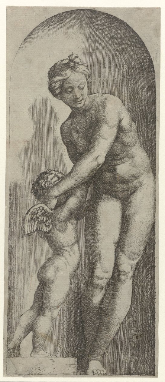 Venus y Amor de pie en un nicho de Marcantonio Raimondi
