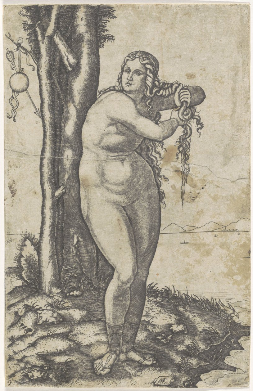 Venus se para al borde del agua y exprime el agua de su cabello. nacimiento de venus de Marcantonio Raimondi