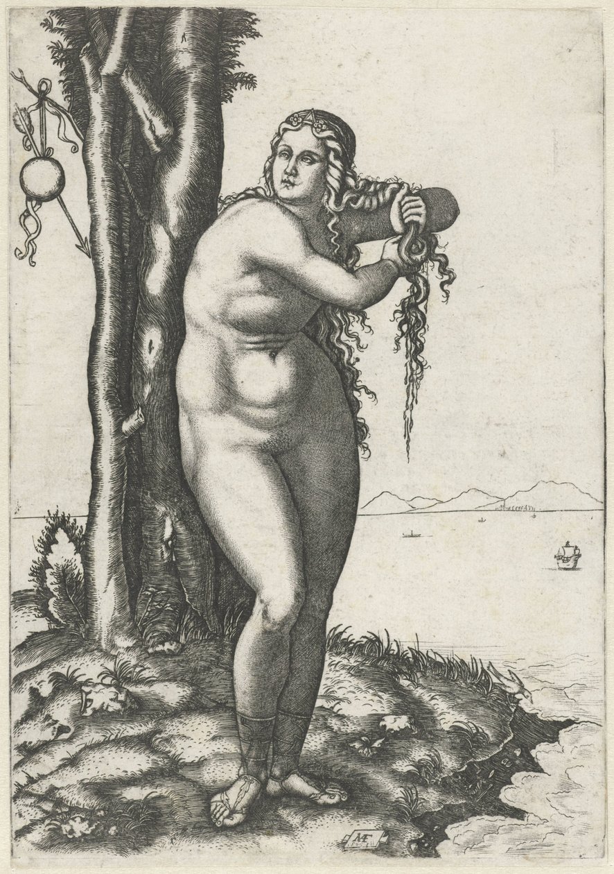 Venus se para al borde del agua y exprime el agua de su cabello. nacimiento de venus de Marcantonio Raimondi