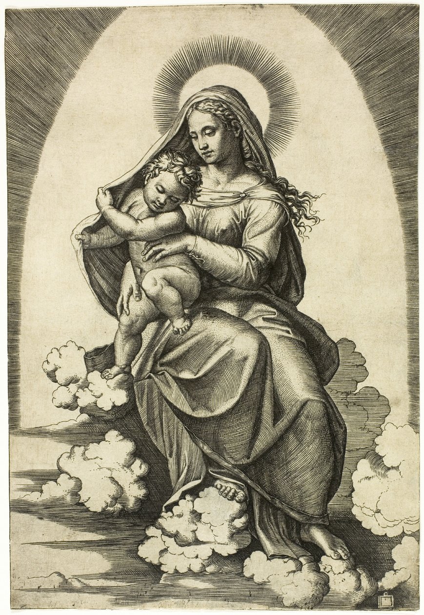 Virgen y Niño sentados en las nubes de Marcantonio Raimondi