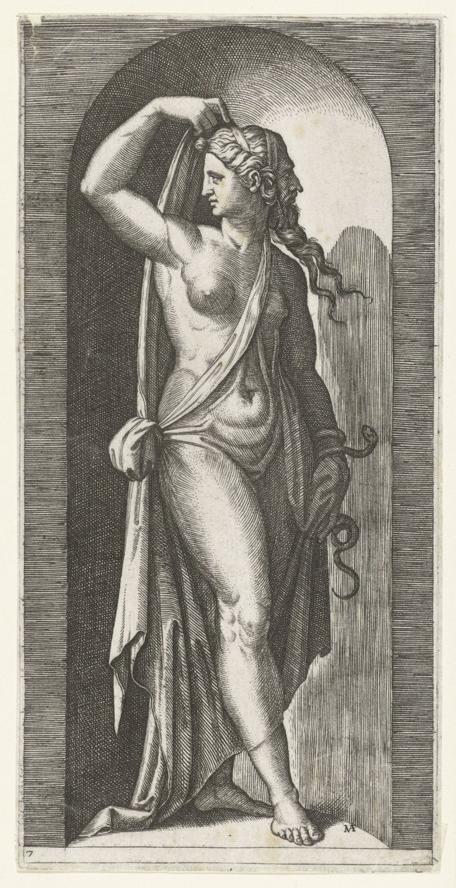 Mujer como personificación de la Prudencia (Prudentia) con serpiente y máscara
Siete Virtudes (título de la serie) de Marcantonio Raimondi