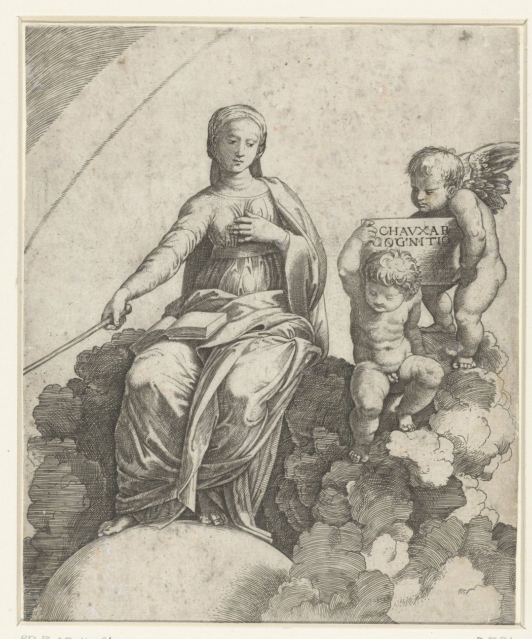 Mujer con libro y cetro como personificación de la Filosofía sentada sobre nubes y pies descansando sobre globo con dos amorcillos a su lado de Marcantonio Raimondi