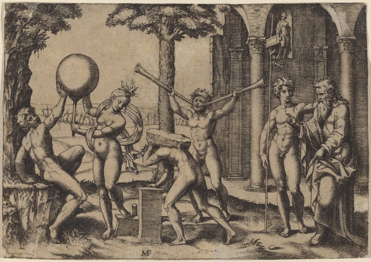 El hombre con dos trompetas de Marcantonio Raimondi after Baccio Bandinelli