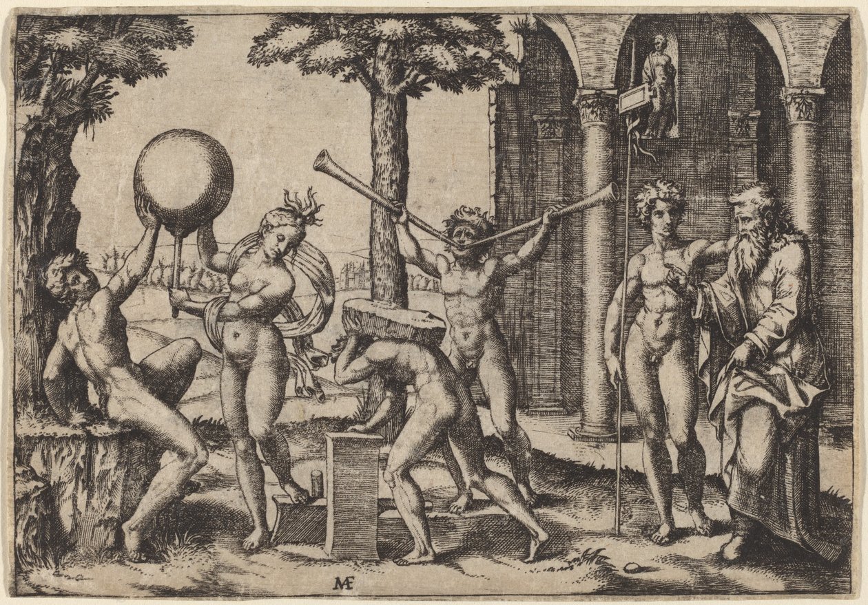 El hombre con dos trompetas de Marcantonio Raimondi after Baccio Bandinelli