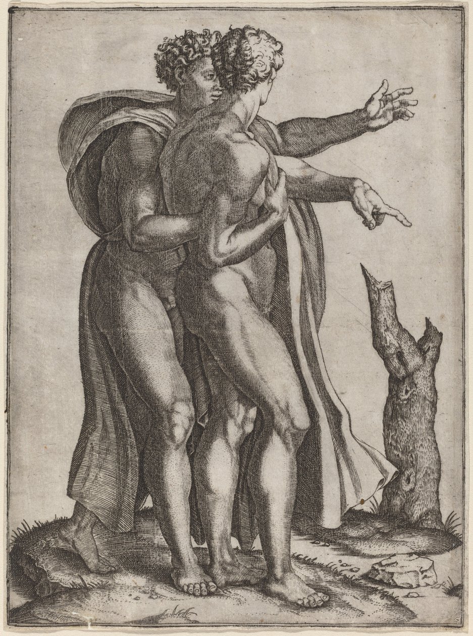 Dos hombres desnudos de Marcantonio Raimondi after Michelangelo