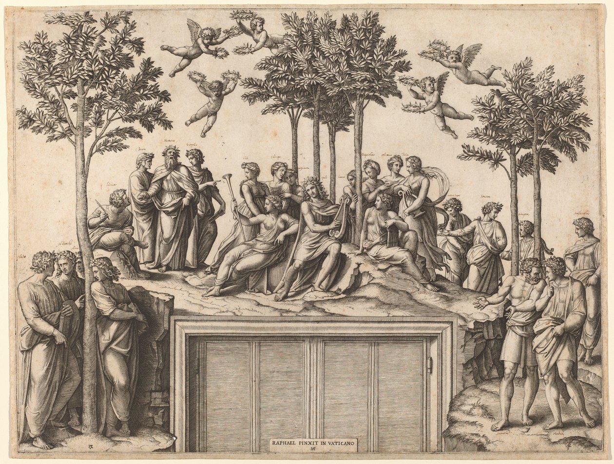 Apolo en el Parnaso de Marcantonio Raimondi after Raphael