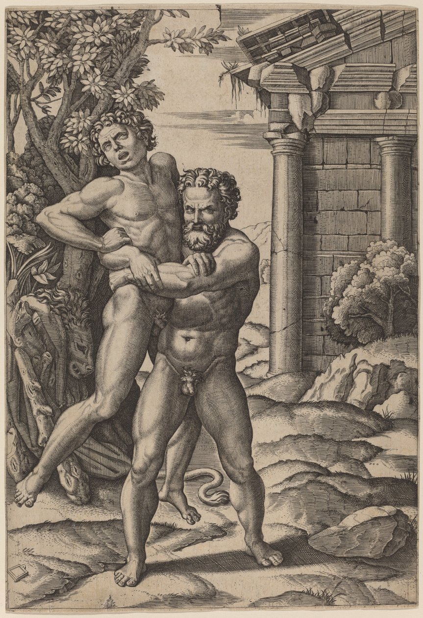 Hércules y Anteo de Marcantonio Raimondi, after Raphael