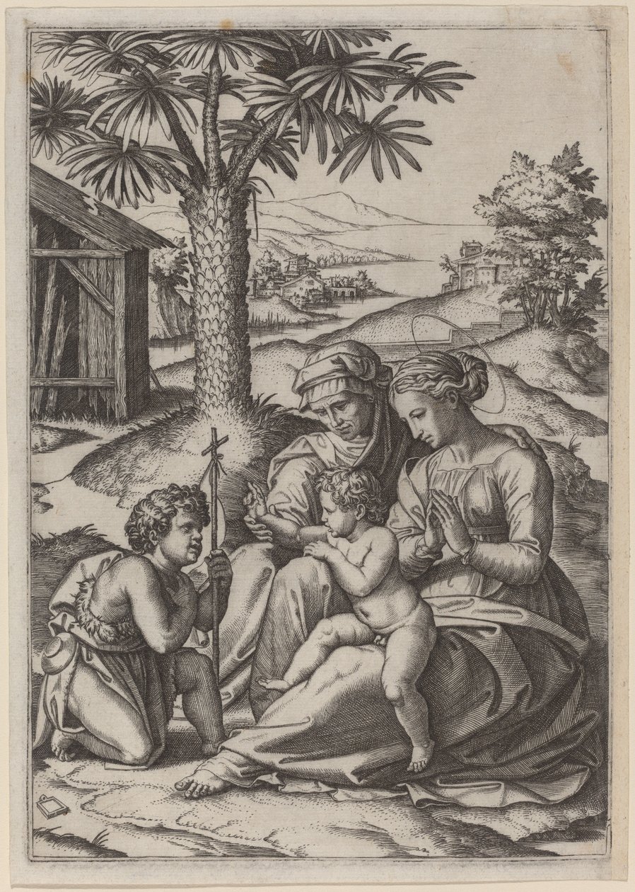 Madonna bajo una palmera de Marcantonio Raimondi after Raphael