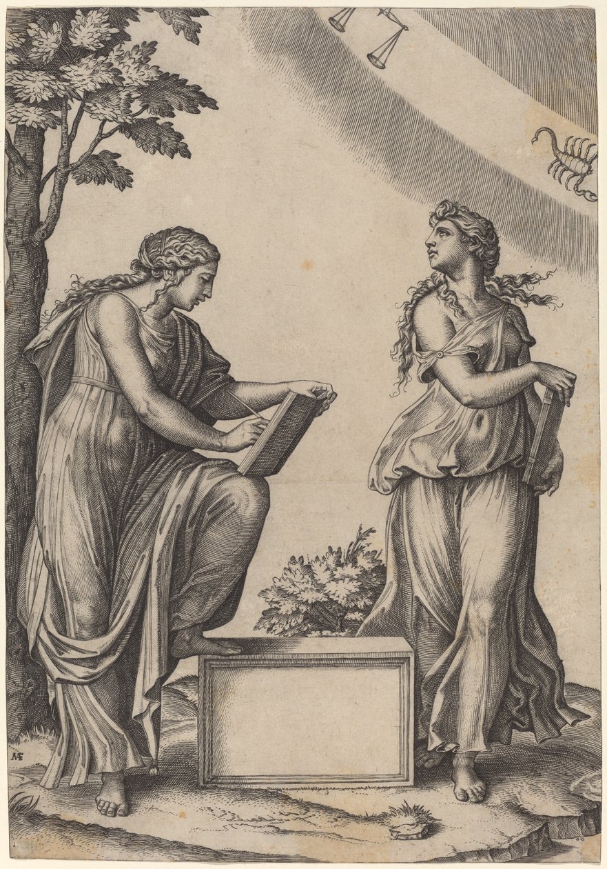 Dos mujeres con el zodiaco de Marcantonio Raimondi after Raphael