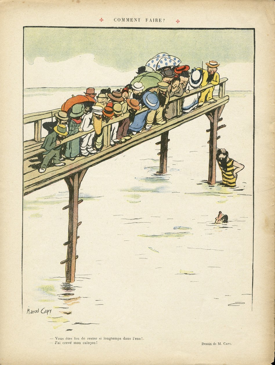Ilustración de Marcel Capy (1865-1941) en Le Rire, 24/08/12 - Cómo hacerlo? - Ocio, Arquitectura Urbanística, Marina, Natación, Multitud de Marcel Amable O.L. Capy