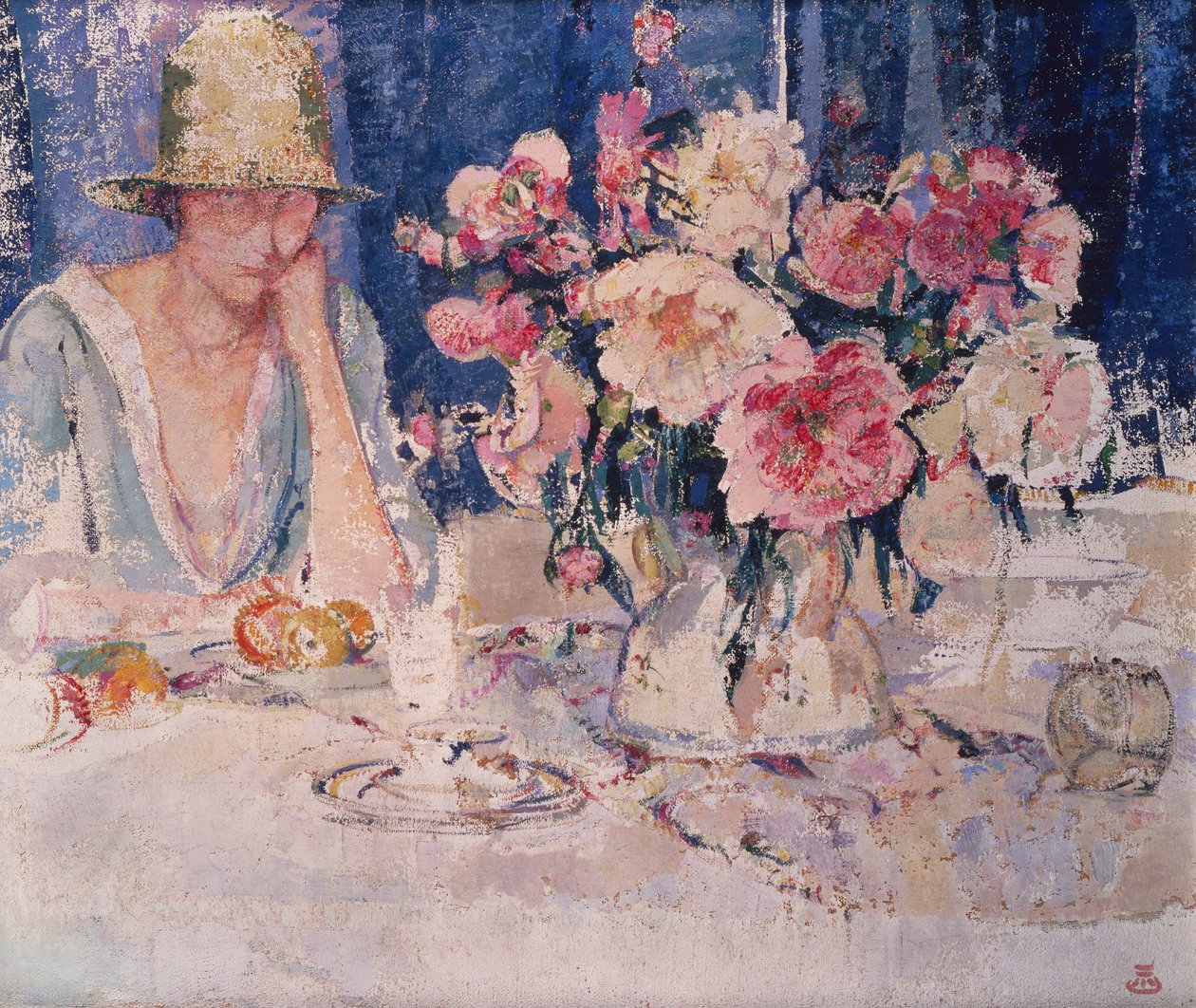 Mujer en la mesa cargada de flores (óleo sobre lienzo) de Marcel Jefferys