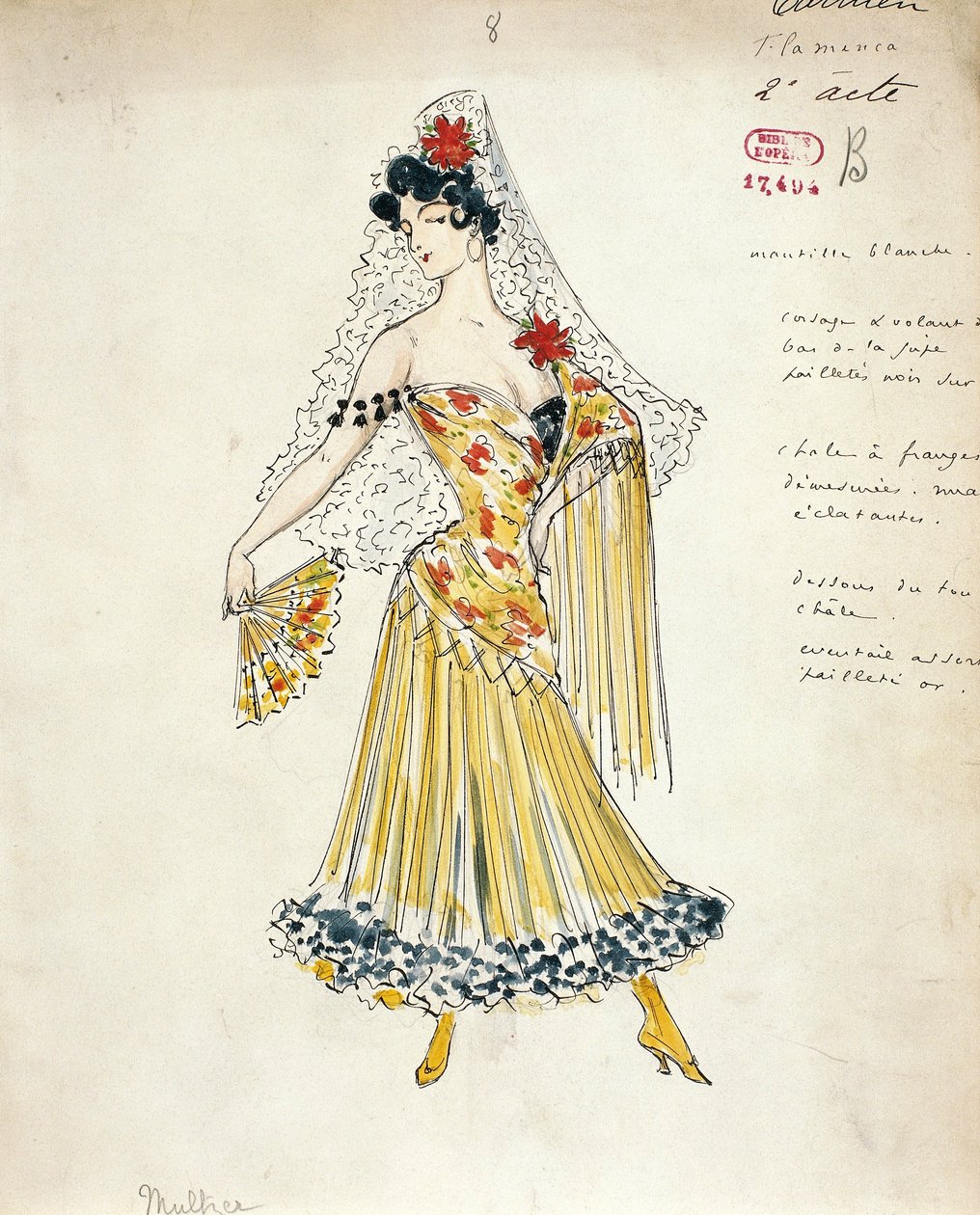 Francia, París, Boceto de traje para bailarinas de flamenco para Carmen de Georges Bizet de Marcel Multzer