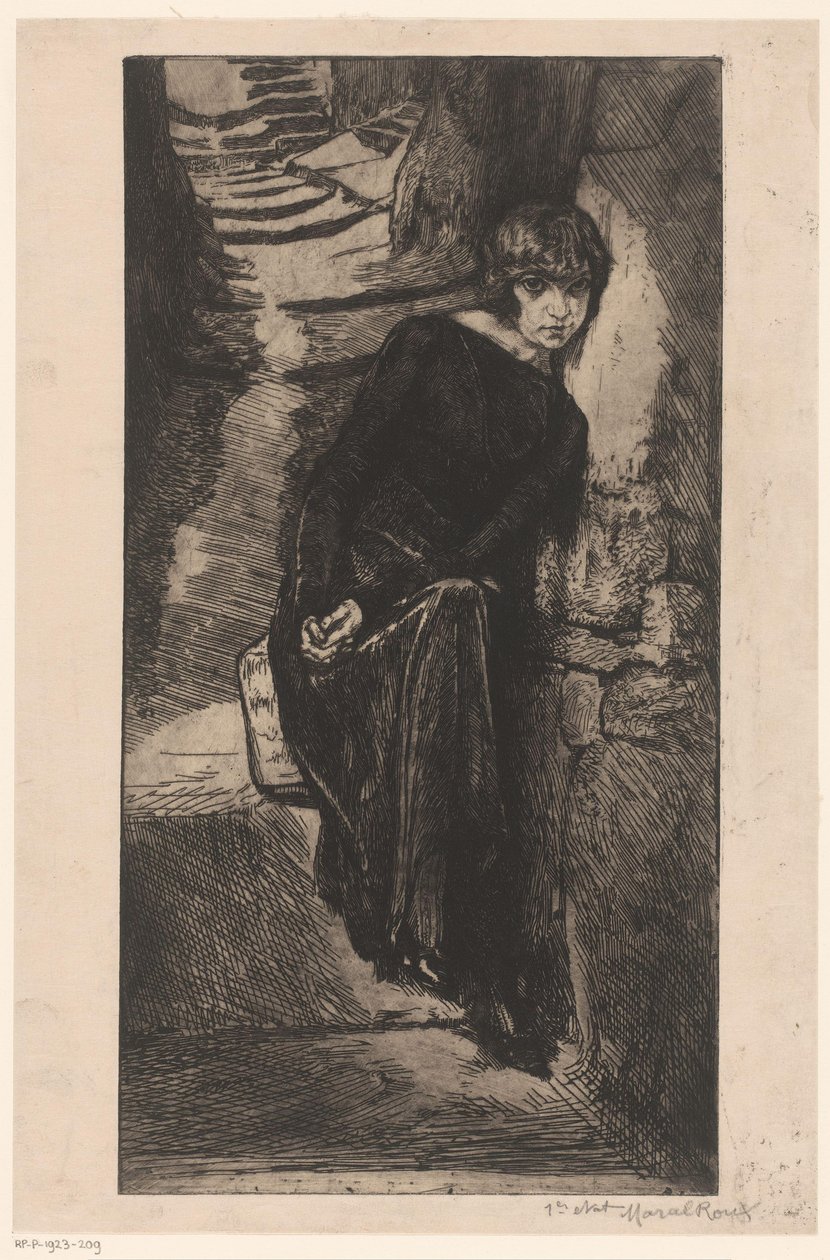 Mujer vestida de negro, apoyada en la pared
Misère de misère (título sobre el objeto)
Girl of pleasure (título de la serie)
Fille de Joïe (título de la serie en el objeto) de Marcel Roux (signed by artist)