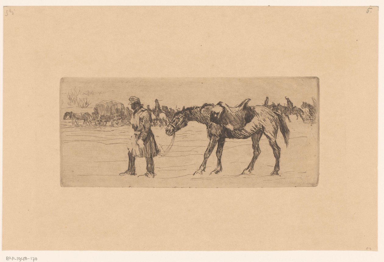 Paisaje nevado con desfile de soldados y caballos de Marcel Roux