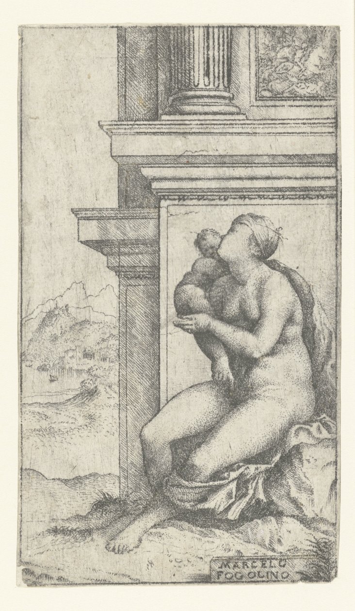 mujer, con, niño, sentado, en, edificio clásico de Marcello Fogolino