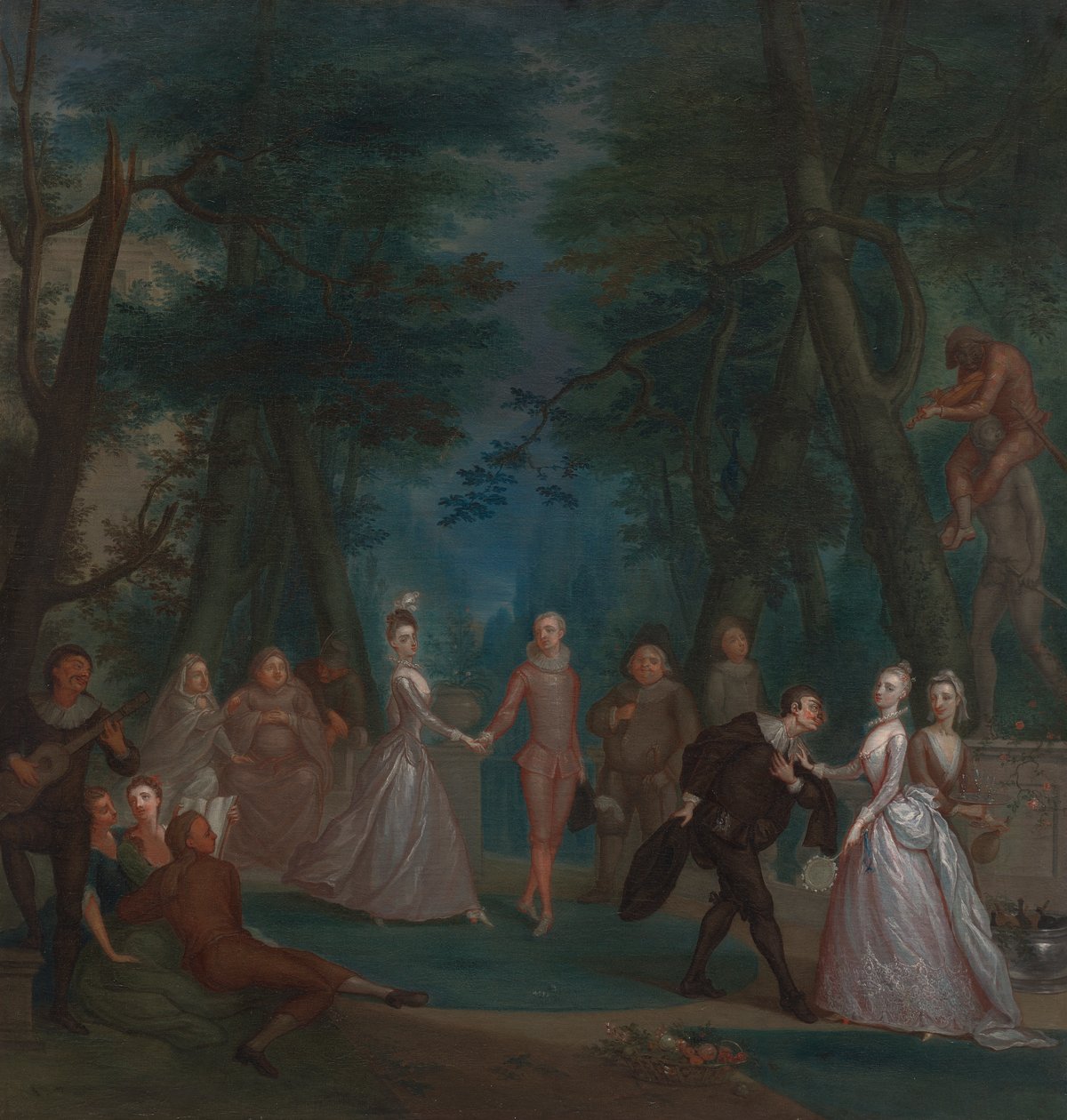 Escena en un parque, con figuras de la Commedia dell