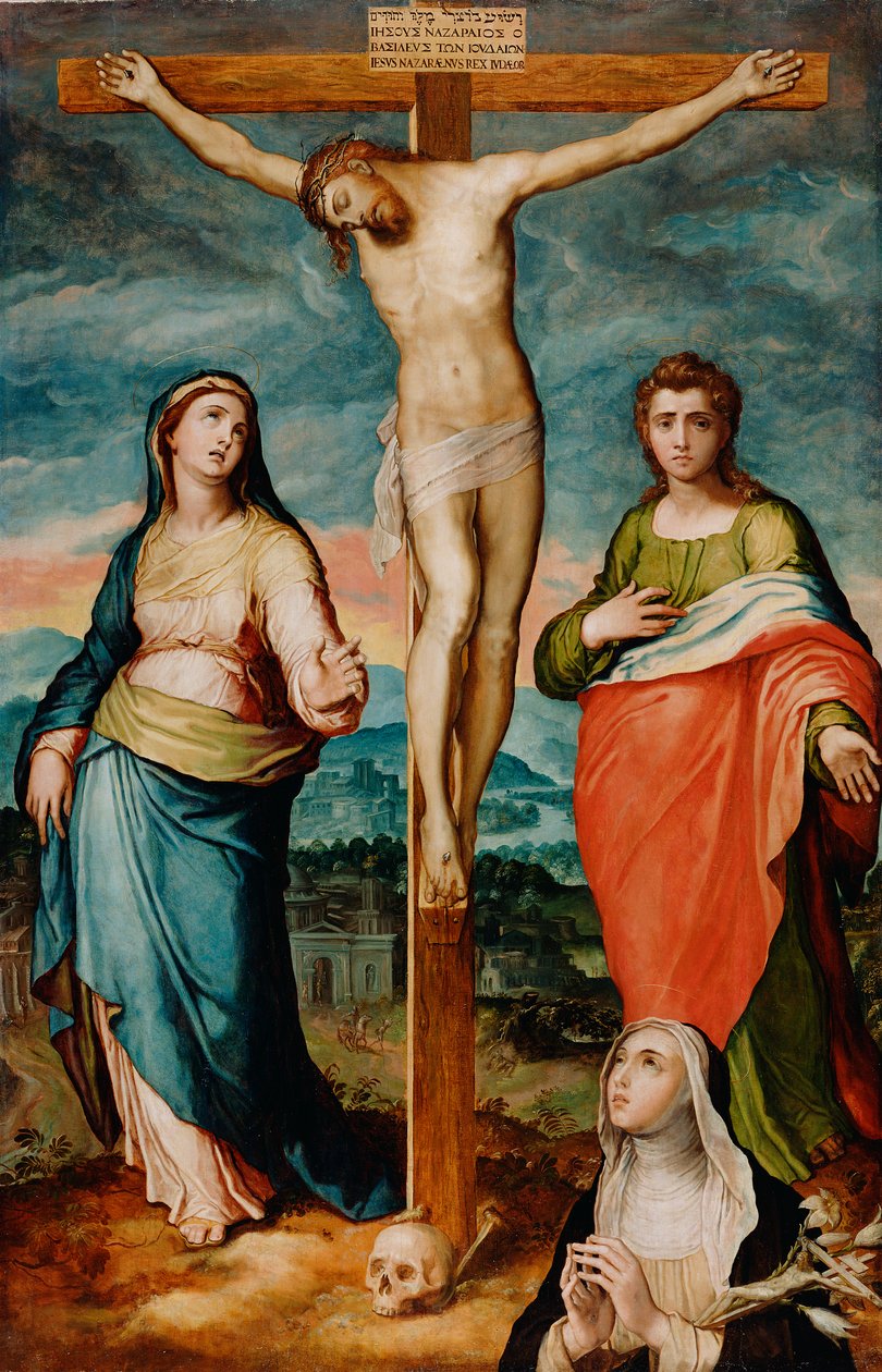 Cristo en la cruz con los santos María, Juan el Evangelista y Catalina de Siena de Marco Pino