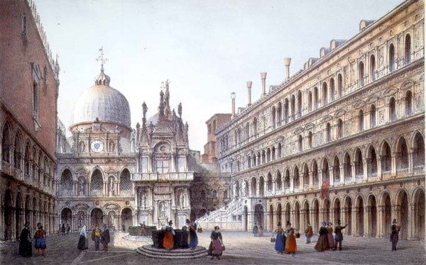 El patio del Palazzo Ducale, Venecia, grabado por Brizeghel de Marco (after) Moro