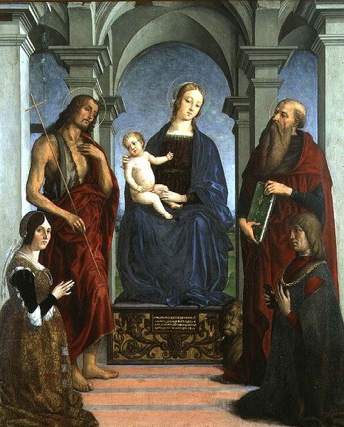 Madonna y Niño con San Jerónimo y San Juan Bautista y donantes de Marco (attr. to) Meloni