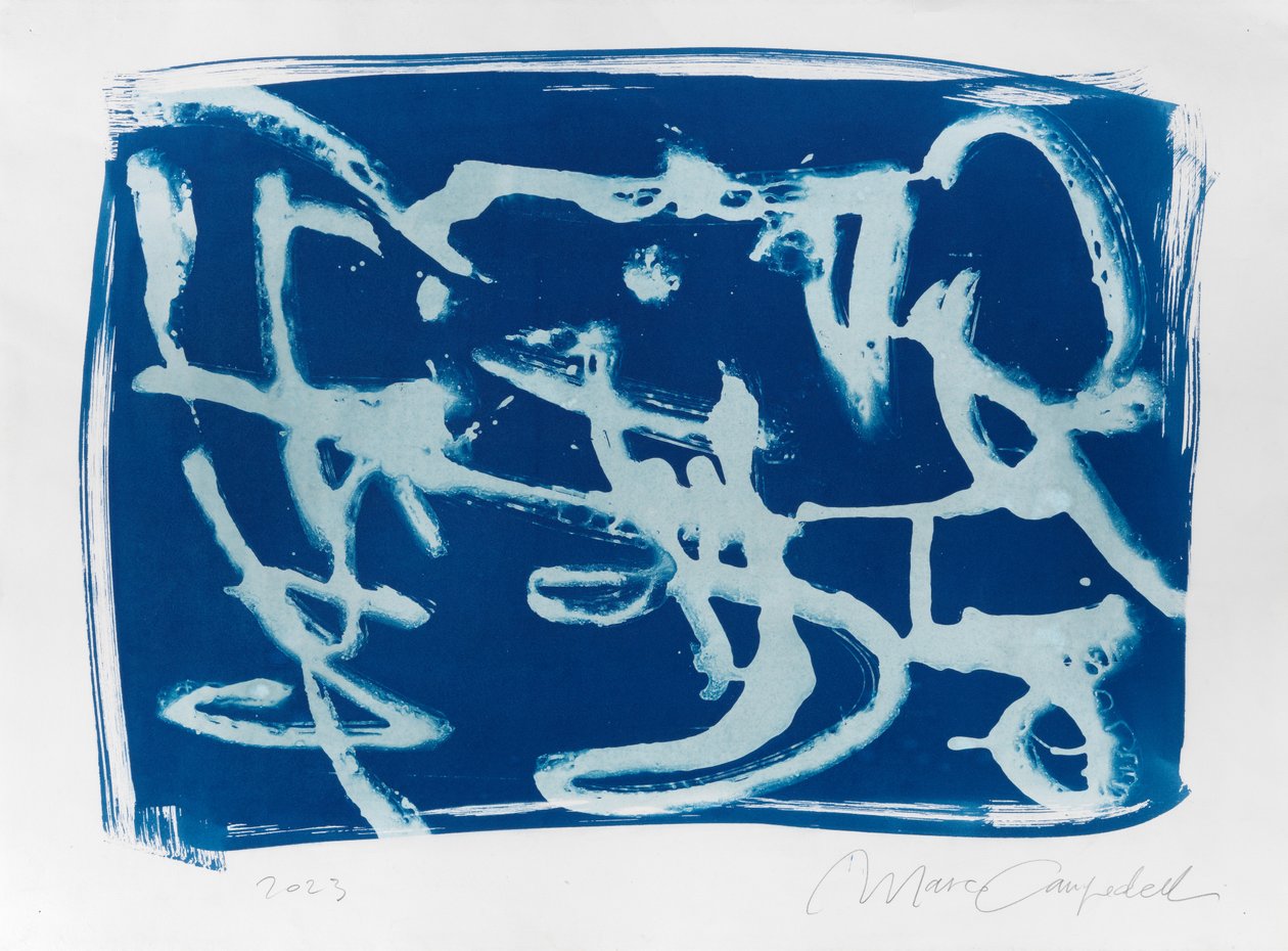 Escritura asémica, 2023 (cianotipia sobre papel) de Marco Campedelli