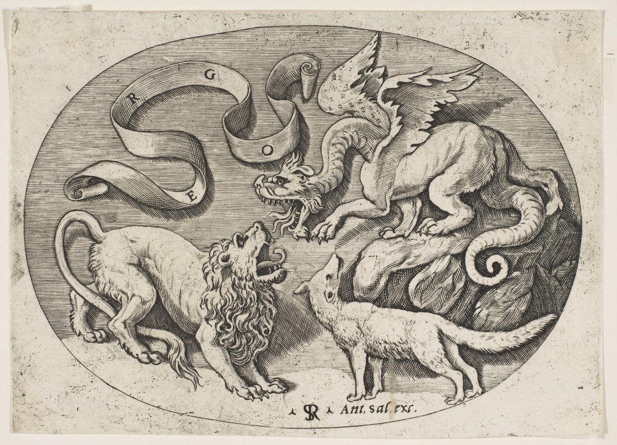 Un león, un dragón y un zorro luchando entre sí, una banderola inscrita arriba, un óvalo, ca. 1515-27 de Marco Dente