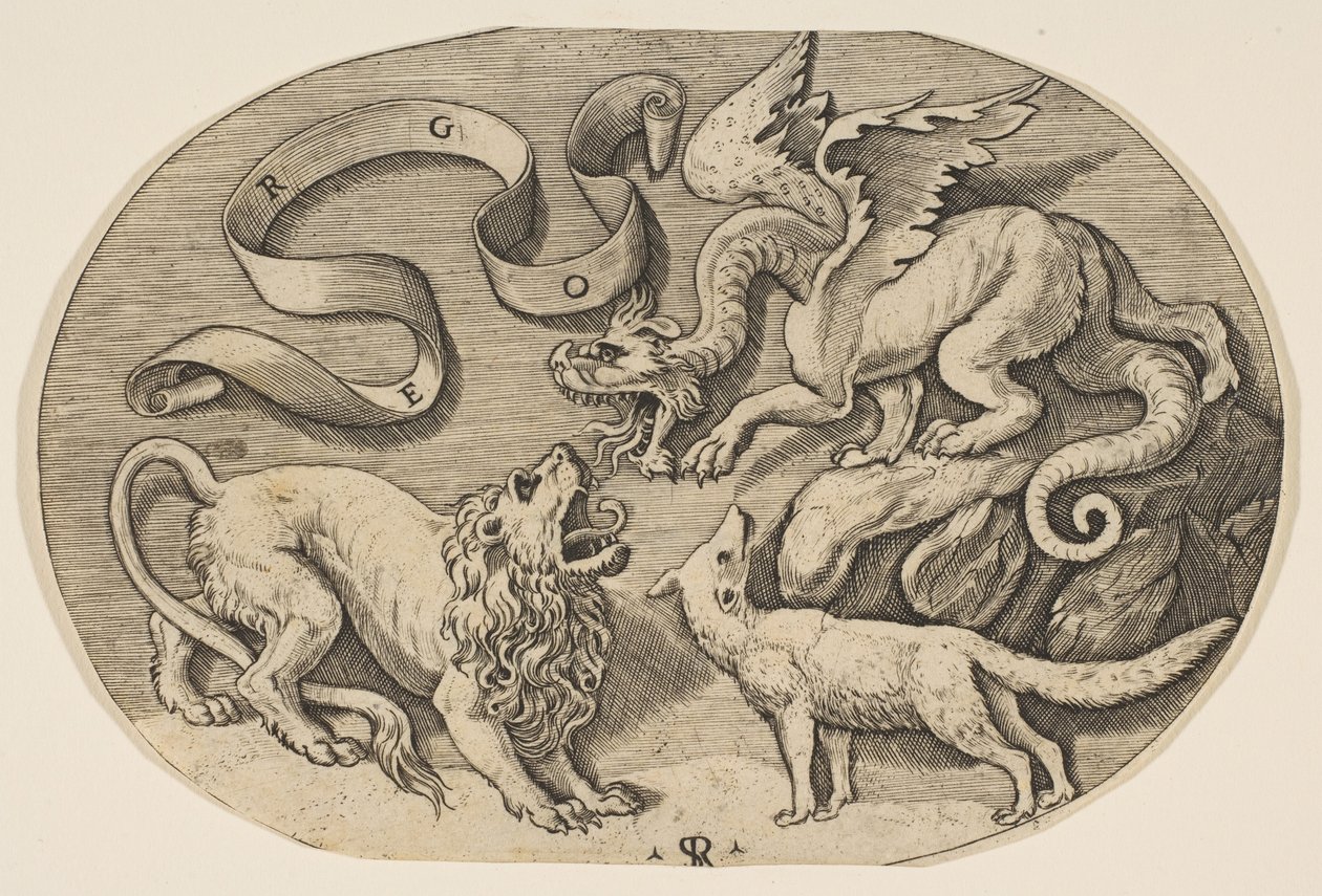 Un león, un dragón y un zorro luchando entre sí, una banderola inscrita arriba, un óvalo, ca. 1515-27 de Marco Dente