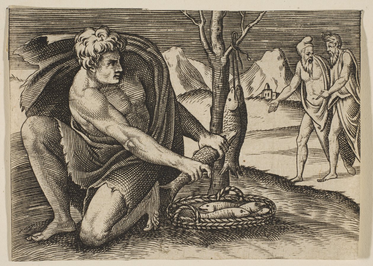 Un hombre arrodillado junto a una cesta de peces y tomando uno con ambas manos, dos hombres en..., ca. 1515-27 de Marco Dente