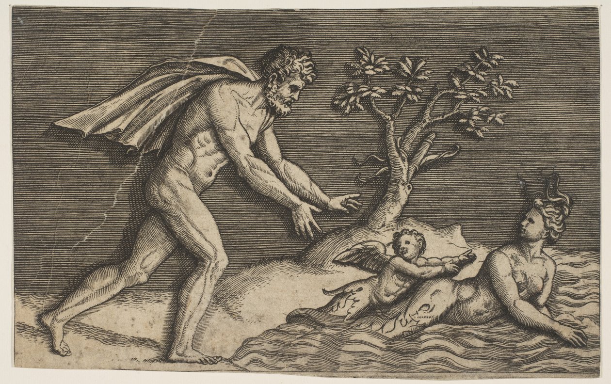 Un hombre desnudo persiguiendo a una náyade y un cupido en el agua, ca. 1515-27 de Marco Dente