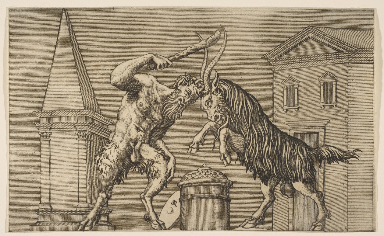 Un Sátiro y un Carnero Atacándose, el Sátiro Empuñando un Garrote con su Mano Derecha, ca. 1515-27 de Marco Dente