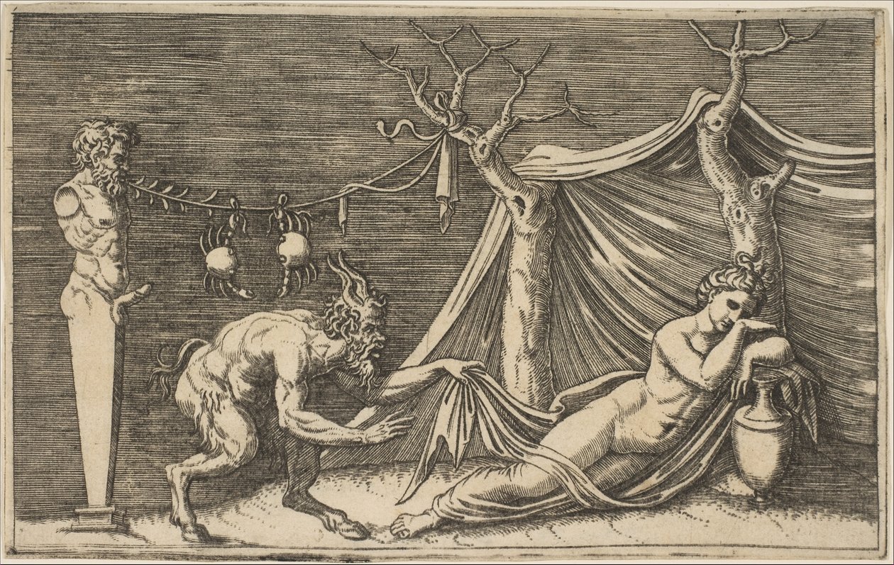 Un sátiro descubriendo a una mujer dormida, dos cangrejos colgando de una cuerda, ca. 1515-27 de Marco Dente