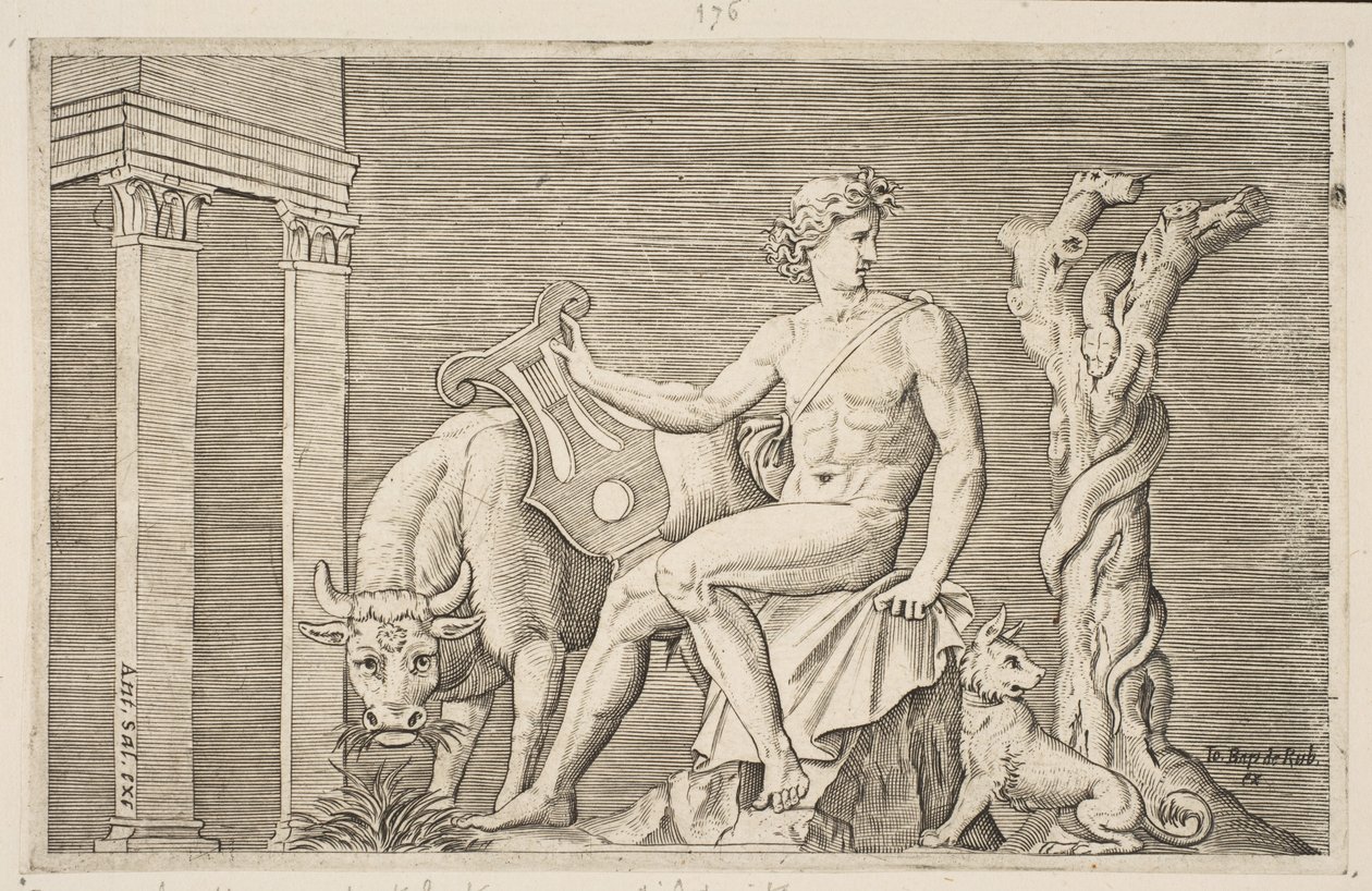 Apolo cuidando los rebaños de Admeto, Apolo sentado sosteniendo una lira y flanqueado por..., ca. 1515-27 de Marco Dente