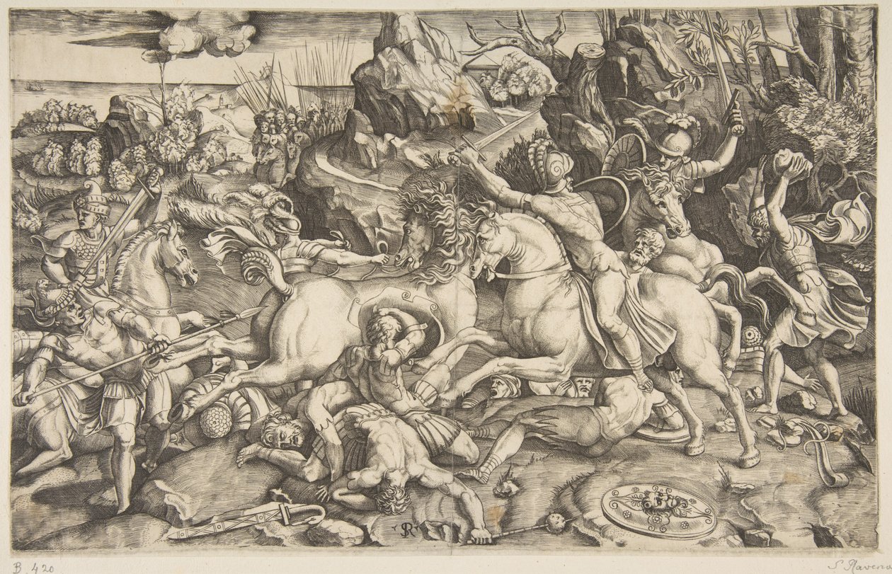 Escena de batalla en un paisaje con soldados a caballo y varios hombres caídos, otro..., ca. 1520 de Marco Dente