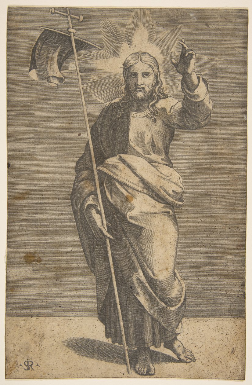 Cristo de pie mirando hacia adelante, sosteniendo una cruz con un estandarte y levantando su mano izquierda, ca. 1515-27 de Marco Dente