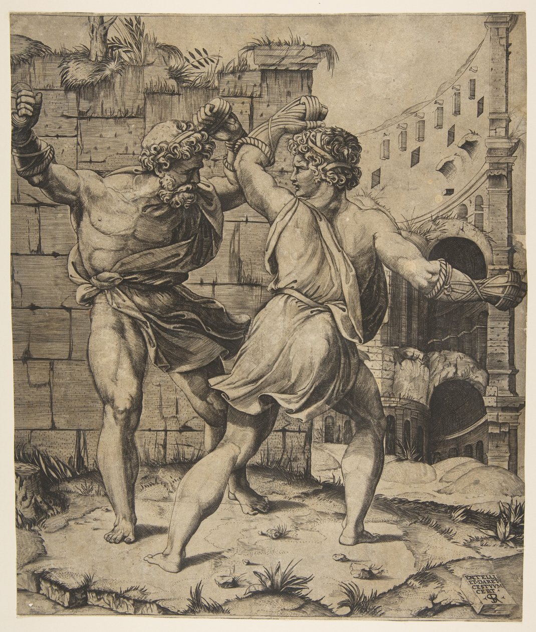 Entellus y Dares luchando frente a ruinas clásicas, 1520-25 de Marco Dente