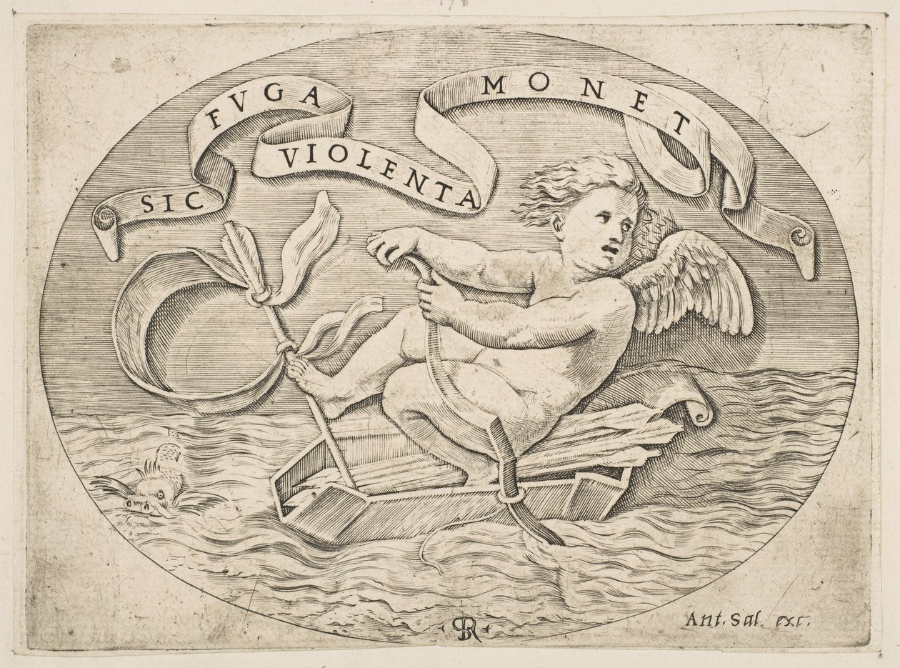 Eros escapando por mar, Cupido usando su arco para propulsar un bote hecho de su carcaj, ca. 1515-27 de Marco Dente